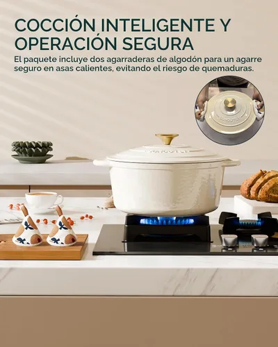 Vista 7 de Horno holandés de hierro fundido esmaltado, olla de 7.5 cuartos de galón con tapa y agarraderas de algodón, utensilios de cocina resistentes