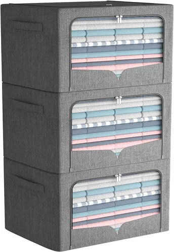 Vista 24 de FHSQX Paquete de 3 contenedores de almacenamiento de ropa plegables con marco de metal, caja de almacenamiento apilable, organizador de tela de lino