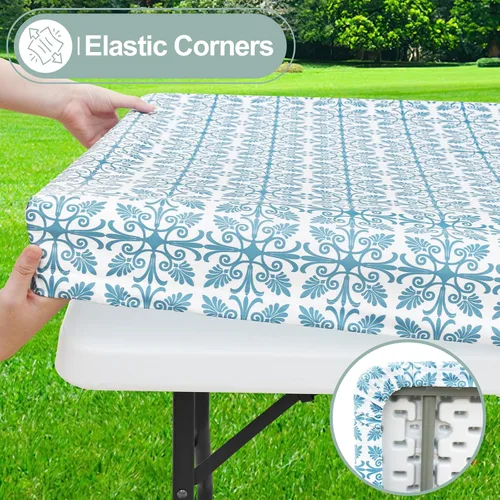 Vista 2 de Misaya - Mantel de vinilo rectangular, mantel elástico con respaldo de franela, 100% impermeable, cubierta de plástico para mesas plegables de 4