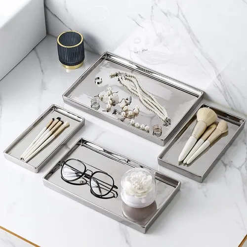 Vista 2 de Bandeja de plato de joyería Bandeja de cerámica Bandeja de baratija Rectangte Vanity Maquillaje Bandeja de espejo plateado