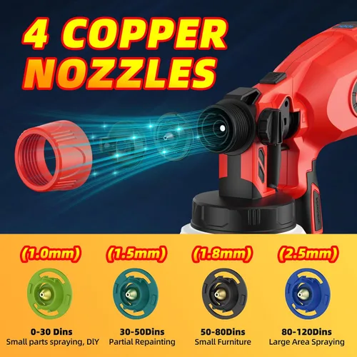 Vista 4 de Pulverizador de pintura inalámbrico para batería Milwaukee M18 de 18 V, pistola de pintura eléctrica para casa, 4 boquillas de cobre, pistola