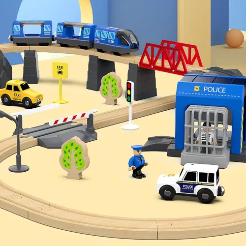 Vista 4 de Juego de pistas de tren de madera con pilas, juguete de alta velocidad para niños de 3, 4, 5 años, acoplamientos magnéticos para niños y niñas