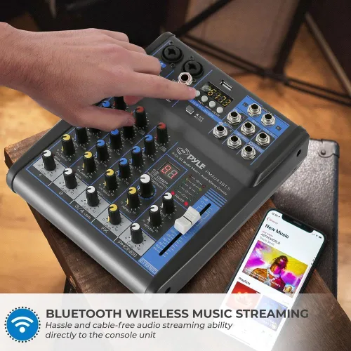 Vista 7 de Pyle Mezclador de audio profesional Placa de sonido Interfaz de sistema de consola de 4 canales USB digital Bluetooth MP3 Entrada de computadora 48V