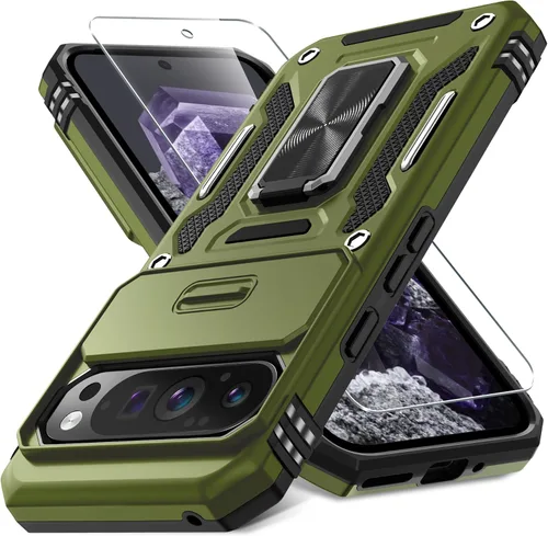 Vista 42 de DEERLAMN Funda para Google Pixel 8 con cubierta deslizante para cámara + protector de pantalla (1 paquete), soporte de anillo giratorio grado