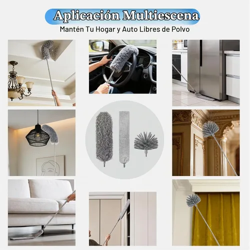Vista 6 de Plumero de telaraña con poste de extensión, limpiador de plumas de microfibra lavable 5 en 1 kit con 3 cabezales de plumero, plumero largo