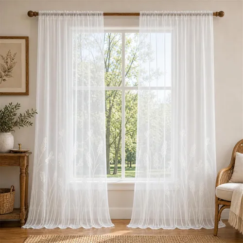 Vista 22 de Melodieux Cortinas texturizadas de lino con bordado de trigo para sala de estar, dormitorio, cortinas de ventana con patrón floral de granja