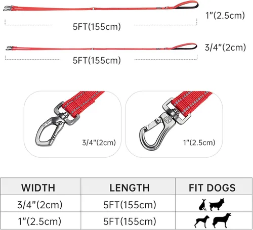 Vista 2 de EXCELLENT ELITE SPANKER Correa doble reflectante - Correa doble para perro de 5 pies con mango acolchado para dos perros que caminan y entrenan Negro