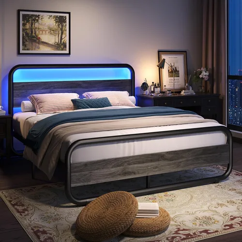 Vista 20 de Catrimown - Marco para cama individual con luces LED, marco de cama plataforma individual resistente de metal rústico con cabecera de madera