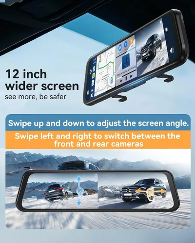 Vista 5 de Cámara de espejo retrovisor de 12'' con CarPlay y Android Auto, cámara de tablero de 4K, cámara frontal y trasera con asistencia de marcha