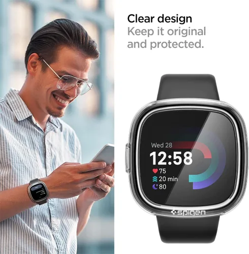 Vista 4 de Spigen Ultra híbrido diseñado para Fitbit Versa 4 / Sense 2 con protector de pantalla de vidrio templado, funda para reloj inteligente, transparente