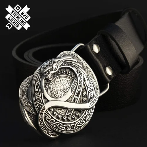 Vista 5 de Hebilla de cinturón Jormungand de plata, antiguo dragón escandinavo nórdico Jormungandr Ouroboros hebilla de cinturón de plata esterlina 925 maciza