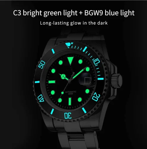 Vista 5 de TIME WARRIOR Reloj automático de buceo de 656.2ft, movimiento NH-35, cristal de zafiro, bisel verde, Submariner Pro Diver, luminoso., Verde, Sellos