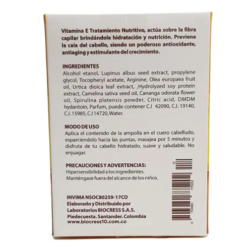 Vista 2 de Ampollas para hidratar y nutrir el cabello (paquete de 12) biocress 10 ampolletas vitamina E tratamiento nutricion box de 12 ampolletas