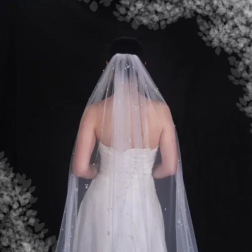 Vista 4 de Mopmap 1 nivel nupcial velo de novia perla capilla longitud tul accesorios para el cabello con peine
