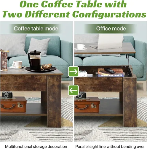 Vista 4 de Mesa de centro elevable con almacenamiento oculto, diseño moderno de elevación de 39.4 pulgadas, escritorio convertible de comedor y portátil