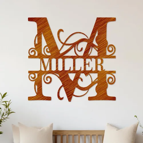 Vista 6 de Letrero de metal personalizado con nombre Arte de pared de metal Decoración de pared con monograma de letra dividida Regalo de boda