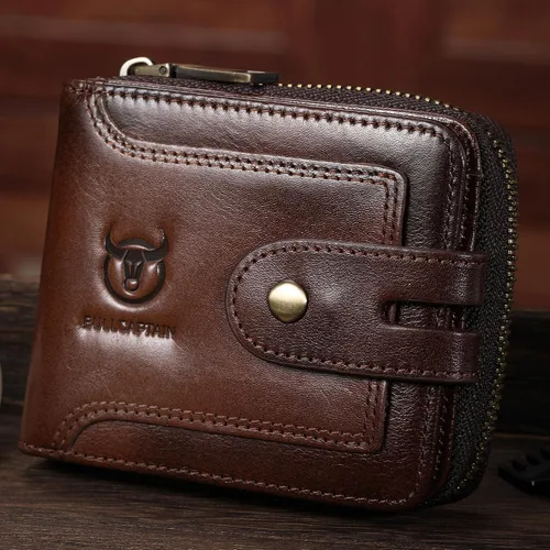 Vista 112 de LUKZIJAES Billetera de cuero genuino para hombre, con bloqueo RFID, delgada, plegable, bolsillo frontal, #3-Café, Vintage