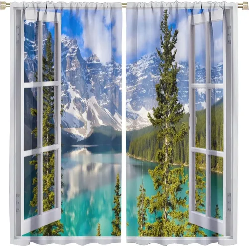 Vista 21 de Cortinas de paisaje, ventana tropical con vista al mar, océano, playa, barco, cortinas con estampado de palmeras para dormitorio, sala de estar, Mar