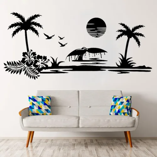 Vista 2 de Gran playa paisaje palmera sol pared calcomanía cámper rv autocaravana océano camping viaje naturaleza pegatina dormitorio vinilo decoración YT6767