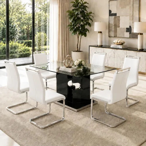 Vista 17 de Ebullient Juego de mesa de comedor de cristal de 63 pulgadas para 6, mesa de comedor de vidrio negro y base de MDF, mesa de cocina rectangular Mesa