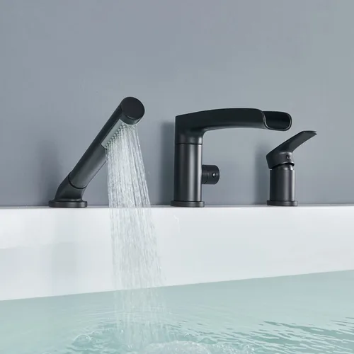 Vista 6 de Wowkk Grifo de Bañera Cascada de Bañera Romana Negro Montaje en Cubierta Grifos de Bañera de Latón Relleno de Bañera Grifos de Baño con Ducha de Mano