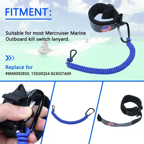 Vista 2 de Boat Kill Switch Lanyards Wrist Strap, Jet Ski Key Lanyard Fit for Mercruiser Marine Outboard