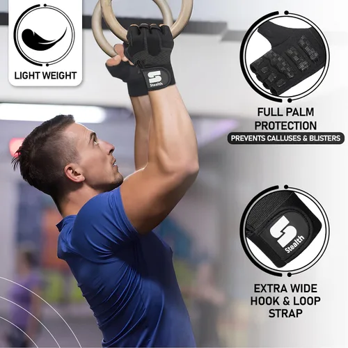 Vista 2 de Stealth Sports Guantes de entrenamiento de levantamiento de pesas para hombres y mujeres, agarre acolchado de gel antideslizante, protección