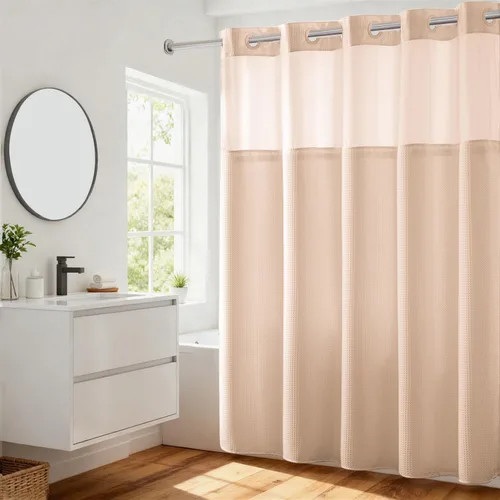Vista 30 de Cortina de baño River Dream de gran peso sin ganchos necesarios con diseño de gofre punteado y forro a presión - 36W x 74H, de calidad hotelera