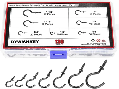 Vista 7 de DYWISHKEY Kit de 136 ganchos de rosca de 7 tamaños, ganchos chapados en zinc negro para el hogar, la oficina y el lugar de trabajo