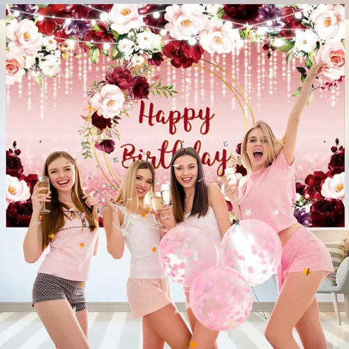 Vista 2 de Sensfun Telón de fondo de cumpleaños floral burdeos con diseño de lunares con purpurina y diseño floral de feliz cumpleaños para mujeres y niñas