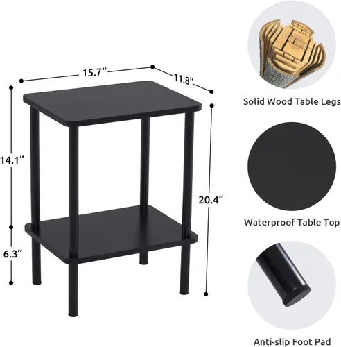 Vista 3 de Apicizon - Mesa auxiliar de 2 niveles, pequeña mesa auxiliar con patas de madera maciza, mesa de noche estilo boho con estante de almacenamiento