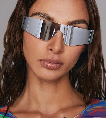 Vista 2 de NULOOQ Y2K - Gafas de sol futuristas envolventes sin montura para mujeres y hombres gafas de sol de moda Cyberpunk con visera monobloque
