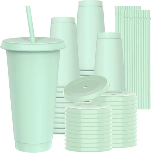Vista 13 de Vasos de plástico de 24 onzas con tapas y pitillos, tazas de café helado resistentes y seguras para alimentos con tapa, vaso de plástico Negro
