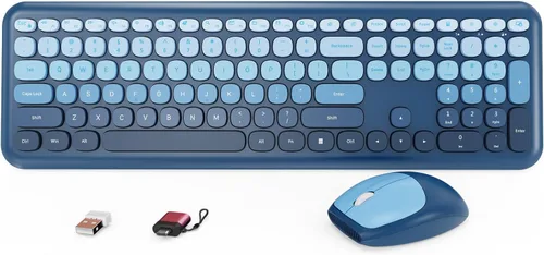 Vista 12 de HotFox Combo de Teclado y Ratón Inalámbrico, Teclado Retro de Máquina de Escribir de Tamaño Completo con Keycaps Redondos, Diseño Ergonómico para PC
