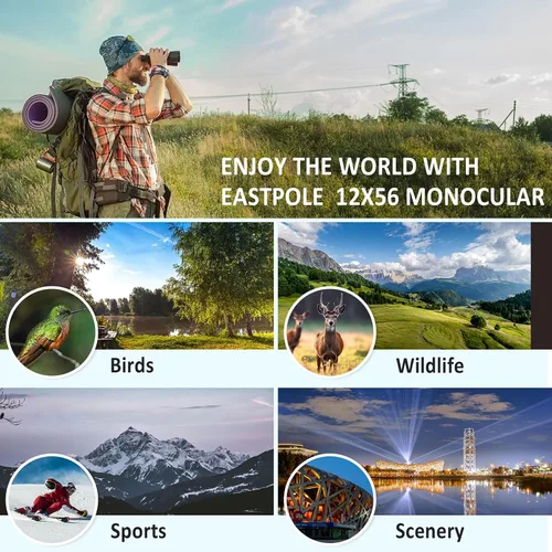 Vista 7 de Telescopio monocular monocular monocular de alta potencia de 12 x 56 para adultos con adaptador para teléfono inteligente, lente FMC y prisma BAK4