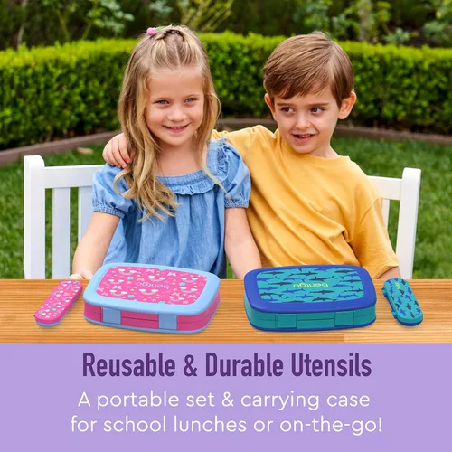 Vista 4 de Bentgo® Kids Prints - Lonchera infantil de 5 compartimentos estilo Bento, con utensilios de plástico reutilizables (unicornio)