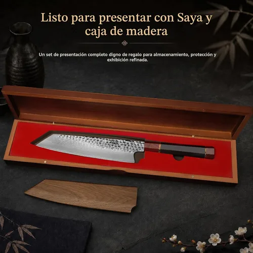 Vista 7 de FINDKING Cuchillo Kiritsuke Serie Prestige con Funda de Nogal, Hoja de Acero Damasco VG10 Japonés, Mango Octagonal de Madera de Ébano, Cuchillo