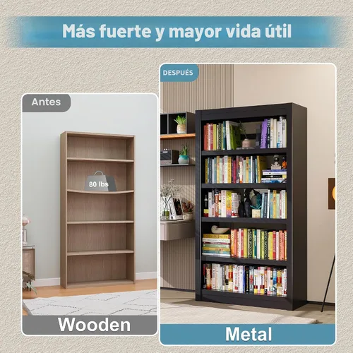 Vista 5 de Estantería de Libros, Librero Resistente de 5 Niveles, Estantería Ajustable, Gran Capacidad por Estante, Libreros Modernos para Sala de Estar