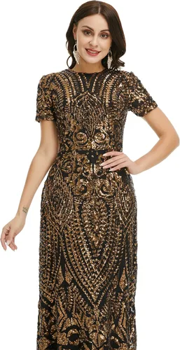 Vista 5 de Vestido de noche formal de lentejuelas de manga corta para mujer