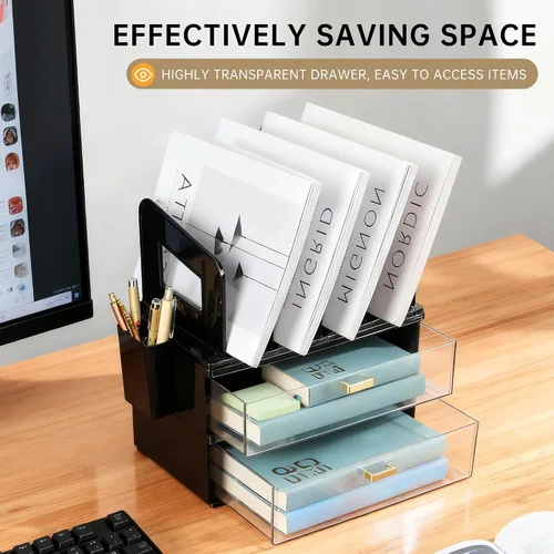 Vista 7 de CiWiVOKi Organizador de escritorio y accesorios, organizador de archivos de escritorio de 2 niveles con cajón acrílico y 2 soportes para bolígrafos