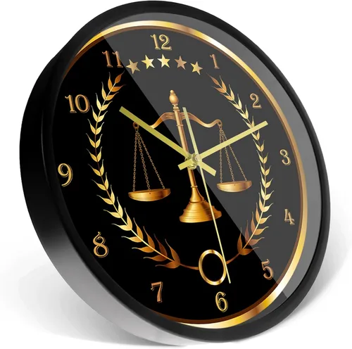 Vista 4 de Scale of Justice - Reloj redondo con marco de metal, funciona con pilas, de cuarzo, sin tictac, marco de aluminio negro, reloj de pared