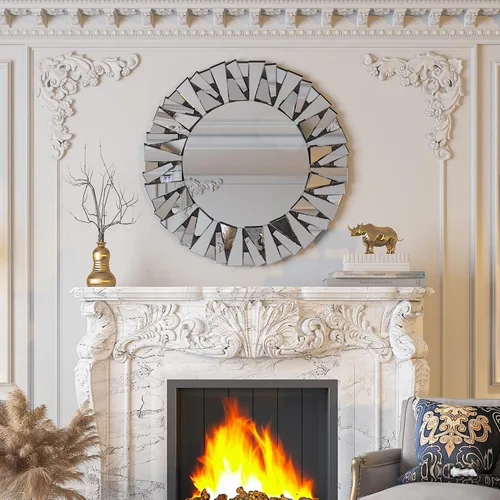 Vista 6 de Espejo Decorativo Redondo Plateado: 31.5 in Pared Vanity-Mirror Biselado Elegante espejo de cristal circular para baño con elegantes bordes
