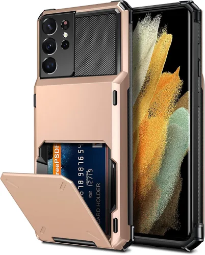 Vista 13 de Vofolen Funda tipo cartera para Galaxy S21 Ultra con 4 tarjetas, tarjetero con ranura para tarjeta de crédito, bolsillo trasero, doble capa, Negro