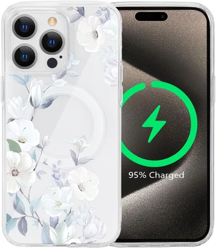 Vista 48 de Funda magnética de flores para iPhone 15 [compatible con MagSafe] Bonito patrón floral transparente a prueba de golpes