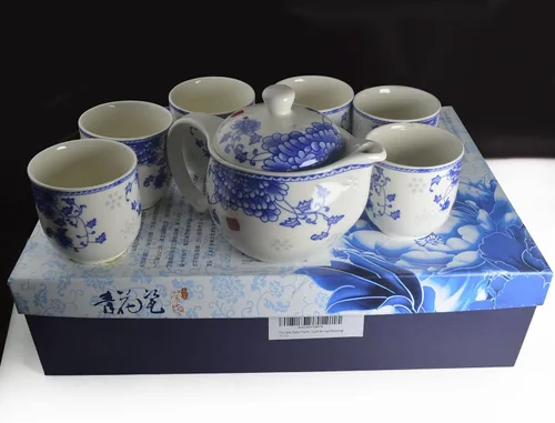 Vista 2 de Juego de té de porcelana, 1 tetera, 6 tazas, tetera, cafetera, tetera, cerámica, regalos de mesa, decoración de mesa (peonía)