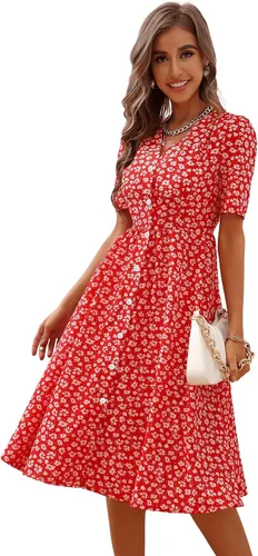 Vista 6 de Floerns Vestido midi de manga corta con cuello en V y botones en la parte delantera para mujer