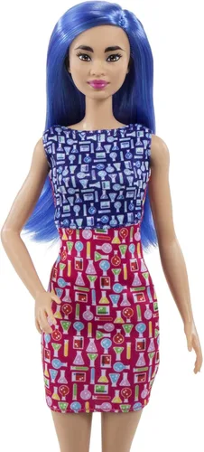 Vista 5 de Muñeca Barbie de Carreras y Accesorio de Moda, Científica con Cabello Azul Usando Bata de Laboratorio y Zapatos Planos con Microscopio
