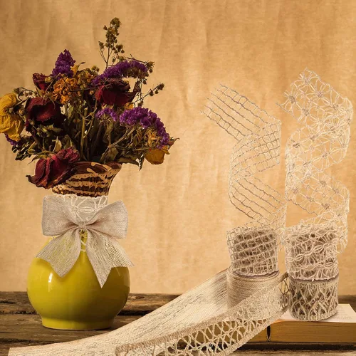 Vista 5 de 4 Rolls Burlap Ribbon Wired Natural Burlap Lace Christmas Wrapping Ribbon