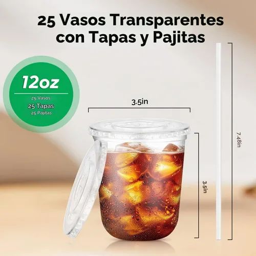 Vista 4 de Paquete de 25 vasos desechables de plástico transparente con tapas y pajitas, tazas de café helado de fondo redondo de 12 onzas, tazas de bebidas