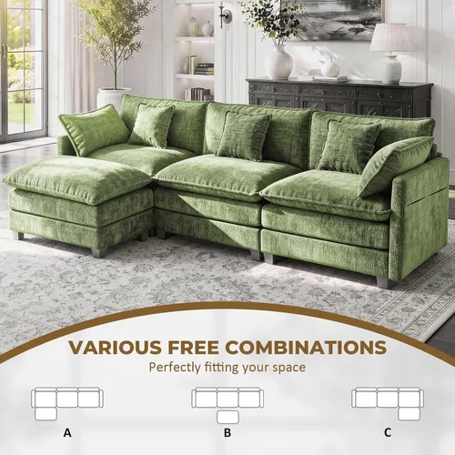 Vista 4 de Sofá modular en forma de L de 112 pulgadas con 1 otomana, cama convertible de nube de asiento profundo, 3 cojines de 2 brazos, cómodos muebles Verde